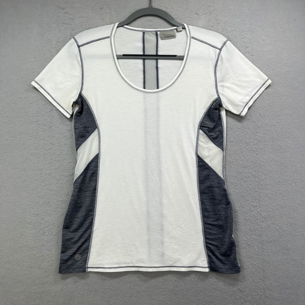 Athleta Athletic Top Womens S White Gray Colorblock Scoop Neck Workout Gym Tee